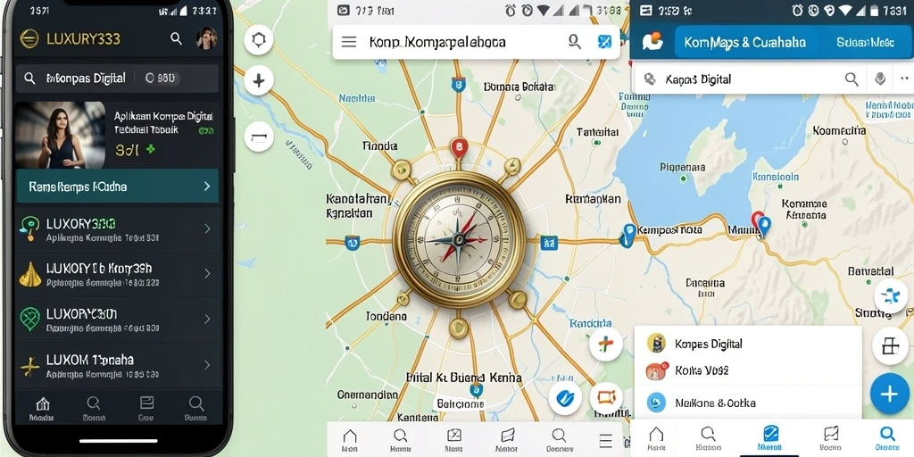 Antarmuka LUXURY333 yang menampilkan kompas digital dan informasi cuaca.